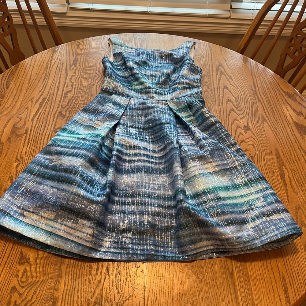 Theia Blue Shimmer Brocade Fit n Flare Party Dress Size 6 •Measurements•
